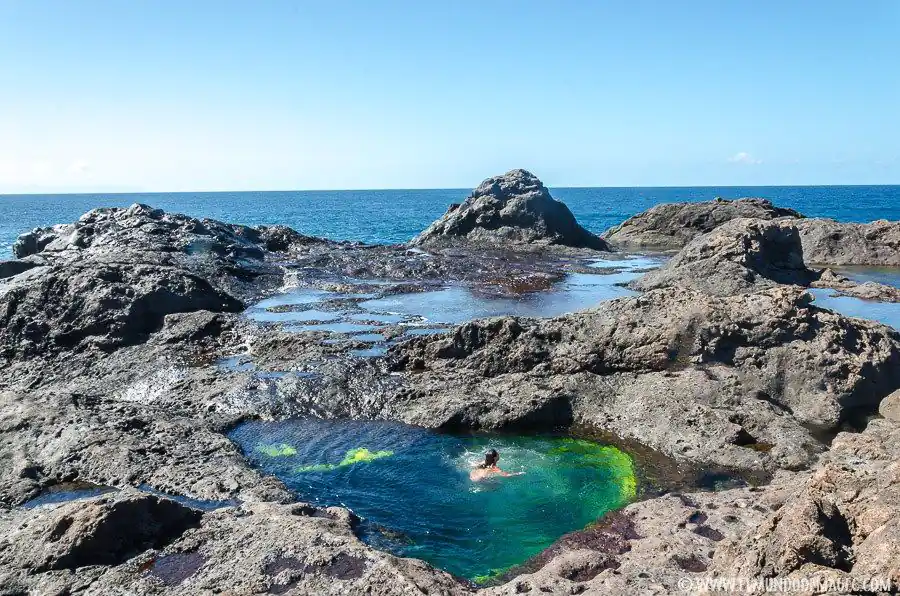 Un grupo de charcos naturales en las Islas Canarias, rodeados de formaciones rocosas y con el océano Atlántico en el horizonte, ofreciendo un lugar ideal para disfrutar de un baño refrescante en un entorno natural impresionante.