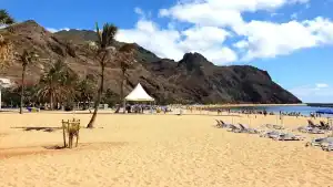 Spiaggia di Las Teresitas con montagne sullo sfondo, palme e ombrelloni sulla sabbia dorata.