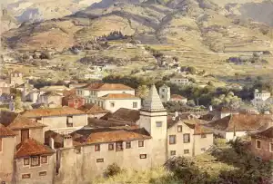 "Reproducción de una pintura al óleo que representa un paisaje de Canarias. La imagen muestra una escena de ciudad, montañas y vegetación, con un estilo artístico detallado y vibrante."