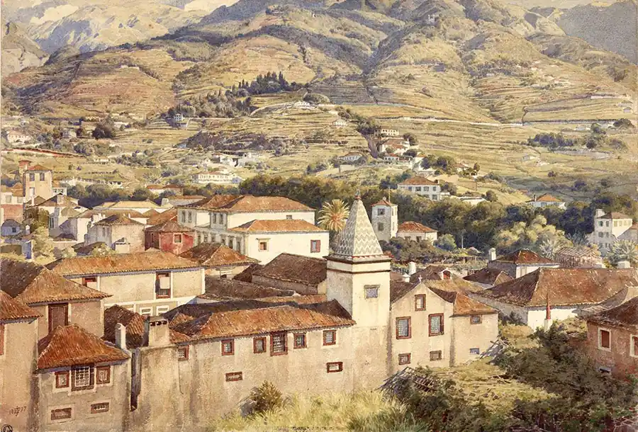 "Reproducción de una pintura al óleo que representa un paisaje de Canarias. La imagen muestra una escena de ciudad, montañas y vegetación, con un estilo artístico detallado y vibrante."