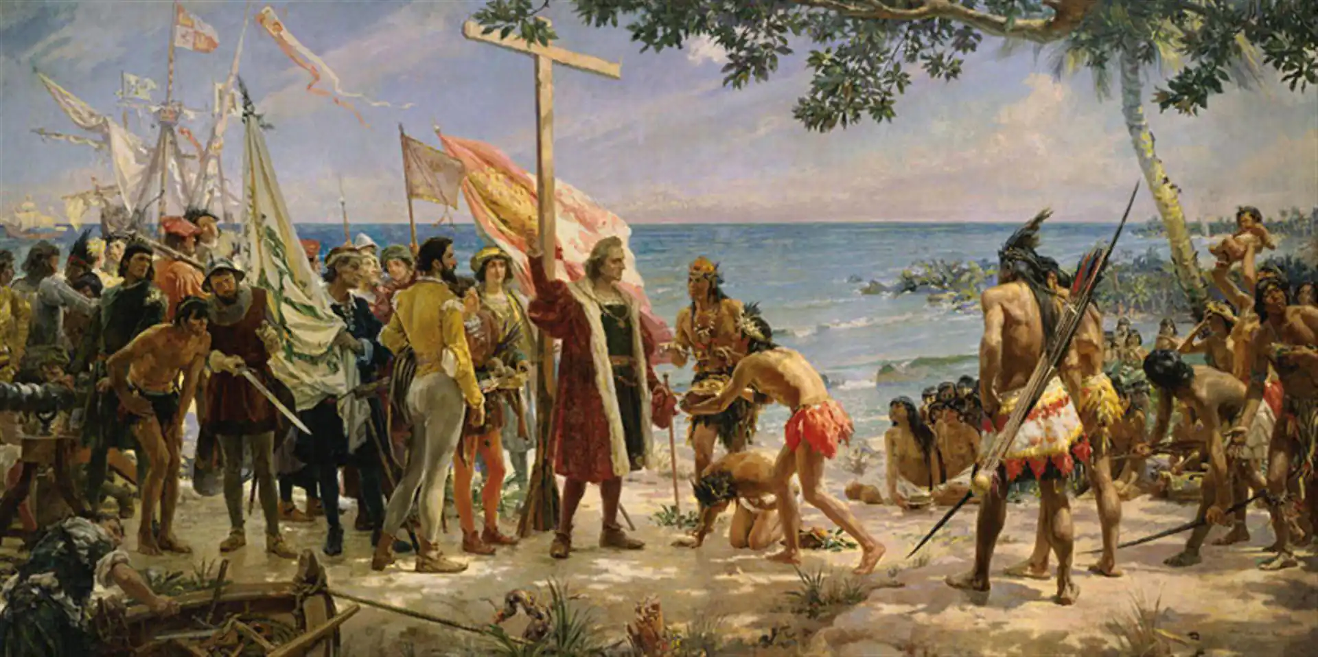 Este cuadro muestra manifestantes que sostienen banderas, visiblemente expresando su desacuerdo con la narrativa dominante sobre la colonización española en América Latina. El ambiente es de protesta y activismo social, destacando la tensión entre distintas visiones históricas.