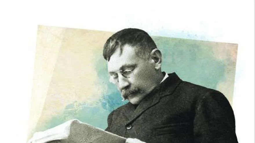 Retrato de Benito Pérez Galdós, destacado escritor canario, leyendo un libro con expresión concentrada.