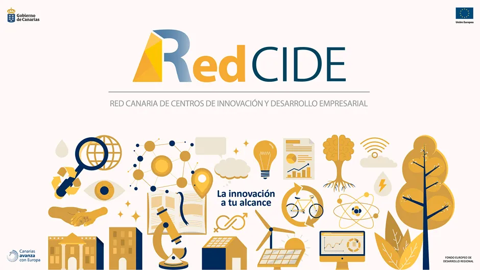 La imagen muestra el logotipo de Red CIDE (Red Canaria de Centros de Innovación y Desarrollo Empresarial), acompañada del lema "La innovación a tu alcance". Está respaldada por el Gobierno de Canarias y la Unión Europea, destacando elementos gráficos relacionados con la tecnología, la sostenibilidad y el desarrollo empresarial.