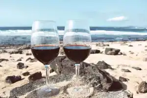 La imagen muestra dos copas de vino tinto sobre una superficie rocosa en la playa, con el mar de fondo. Esta escena representa la conexión entre los vinos de Tenerife y su entorno natural, destacando la singularidad del paisaje volcánico de la isla, que influye en la calidad y el carácter de sus vinos. La presencia del océano en el fondo también resalta la identidad isleña de los vinos de Tenerife, famosos por sus variedades únicas gracias a las condiciones climáticas y geográficas especiales de la región.