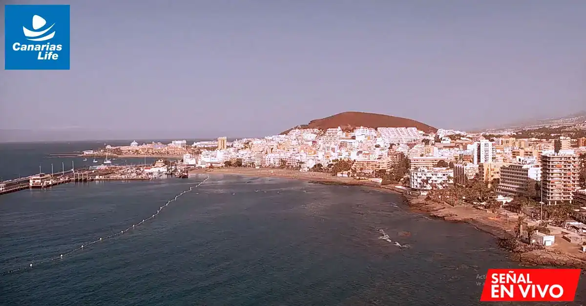 Panorámica de una ciudad costera con playas, mar y montaña en el fondo en Tenerife, Canarias, con marina y edificios.
