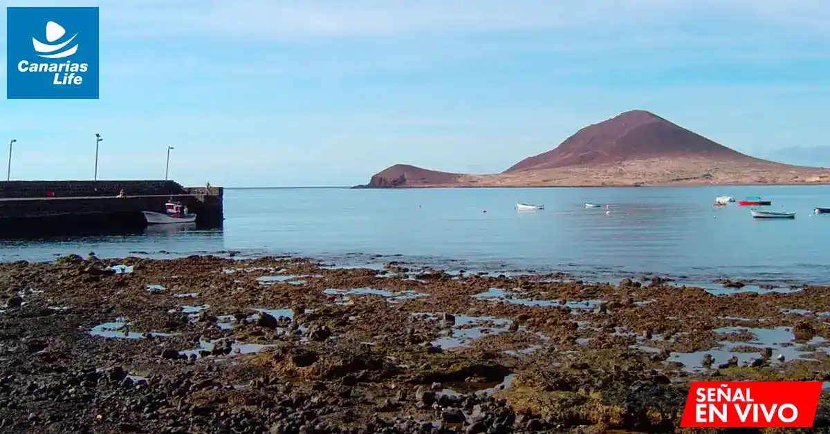 "Canarias Life" muestra una playa con rocas, un muelle y barcos en el mar, con una montaña en el fondo.