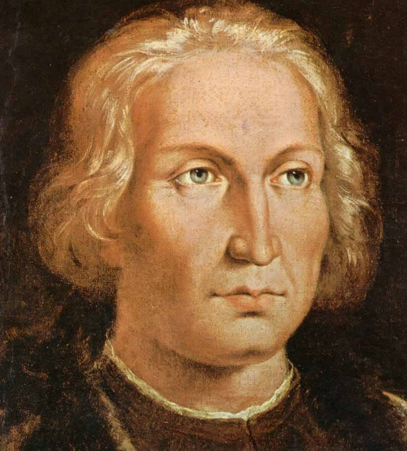 Retrato de Cristóbal Colón, el famoso navegante y explorador, con cabello rubio y expresión seria.