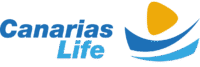 Una imagen que muestra un logotipo con el texto "Canarias Life" en azul. Encima del texto, hay una figura abstracta compuesta por una silueta de barco azul y una forma triangular amarilla que simula un sol o una vela. El diseño es limpio y minimalista, utilizando colores vibrantes como el azul y el amarillo para transmitir energía y alegría. Este logotipo está asociado con **Canarias**, España, y rapresenta una marca relacionada con turismo, bienestar o estilo de vida en la región.