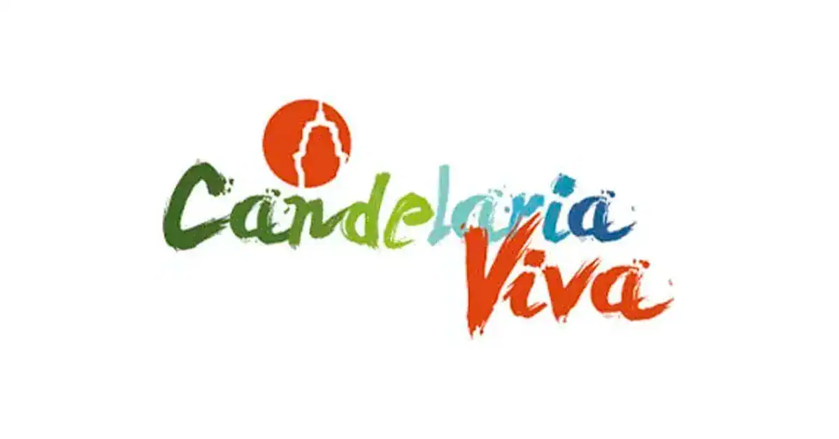 Logotipo "Candelaria Viva" con colores vibrantes y una silueta de cúpula, representando la energía y vida de Candelaria.