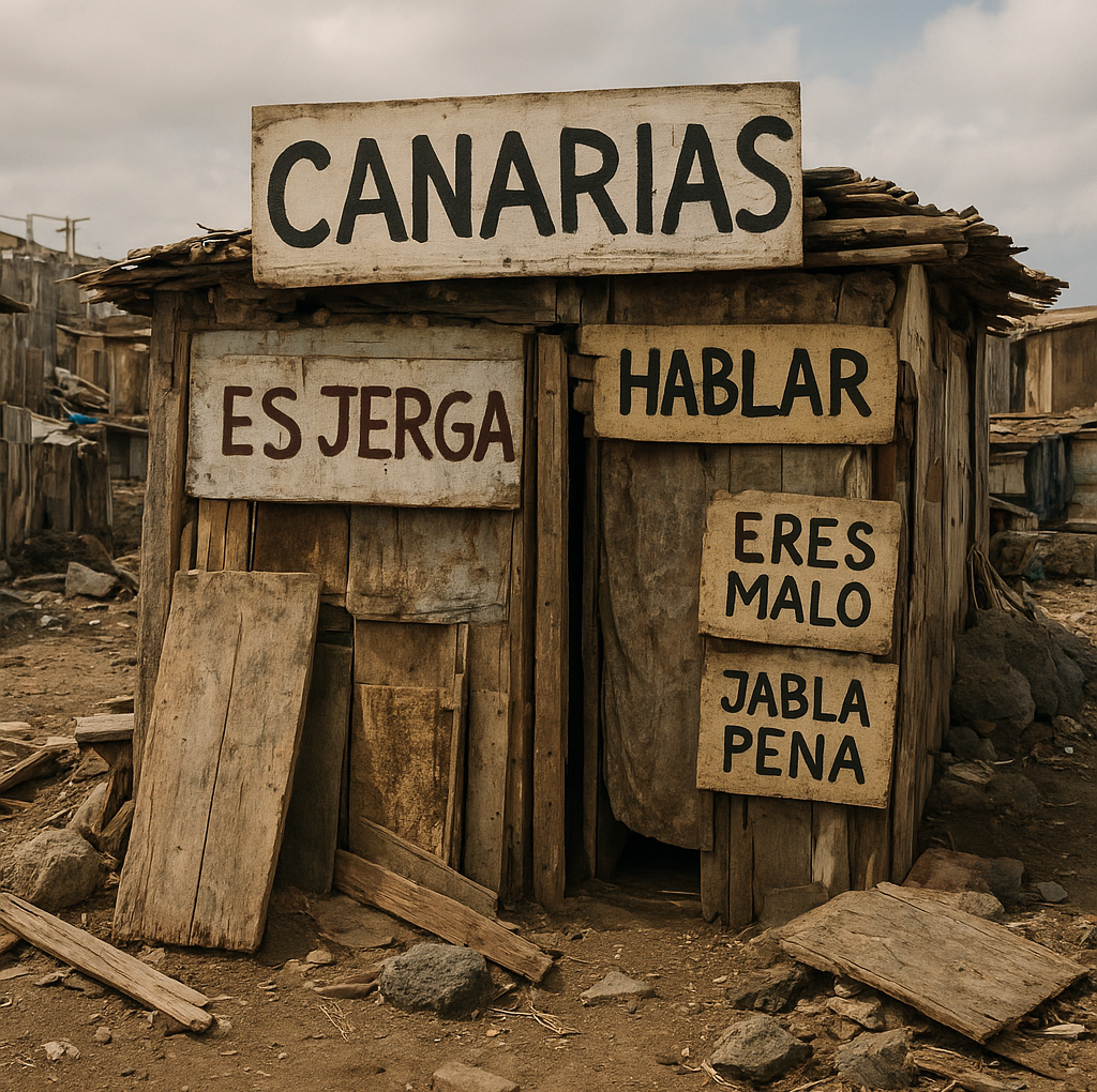 "Refugio de madera con letreros que definen el vocabulario local."