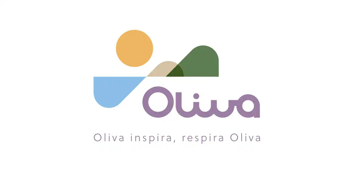 Logotipo de "Oliva" con formas geométricas y colores vibrantes, acompañado del lema "Oliva inspira, respira Oliva".