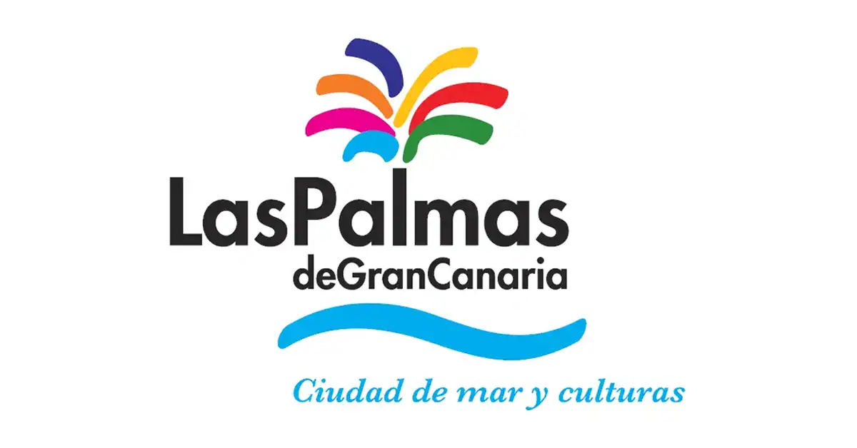 Logo de Las Palmas de Gran Canaria, ciudad costera y cultural, con una palma y olas azules.
