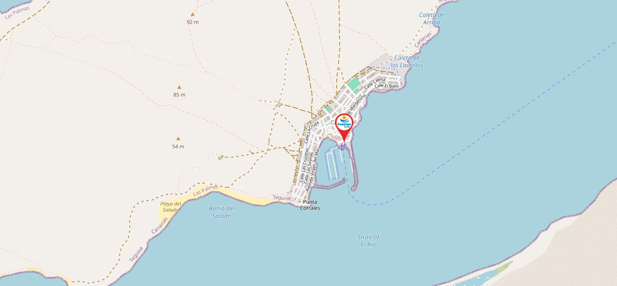 Mapa esquemático de la isla de La Graciosa, que indica la ubicación de una cámaras web (webcams) en la Caleta del Sebo