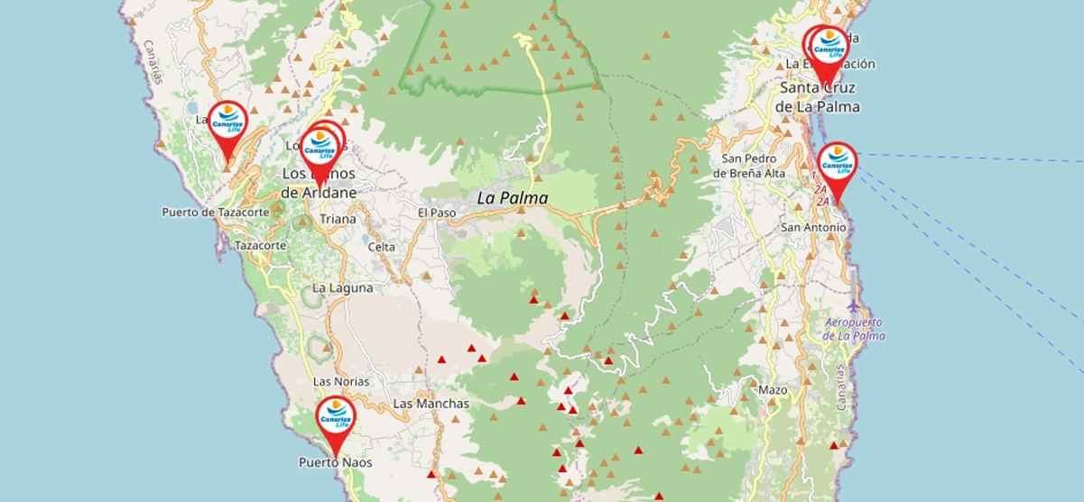 Mapa esquemático de la isla de La Palma, que indica la ubicación de algunas cámaras web (webcams) en las localidades de Santa Cruz de La Palma y Los Llanos de Aridane