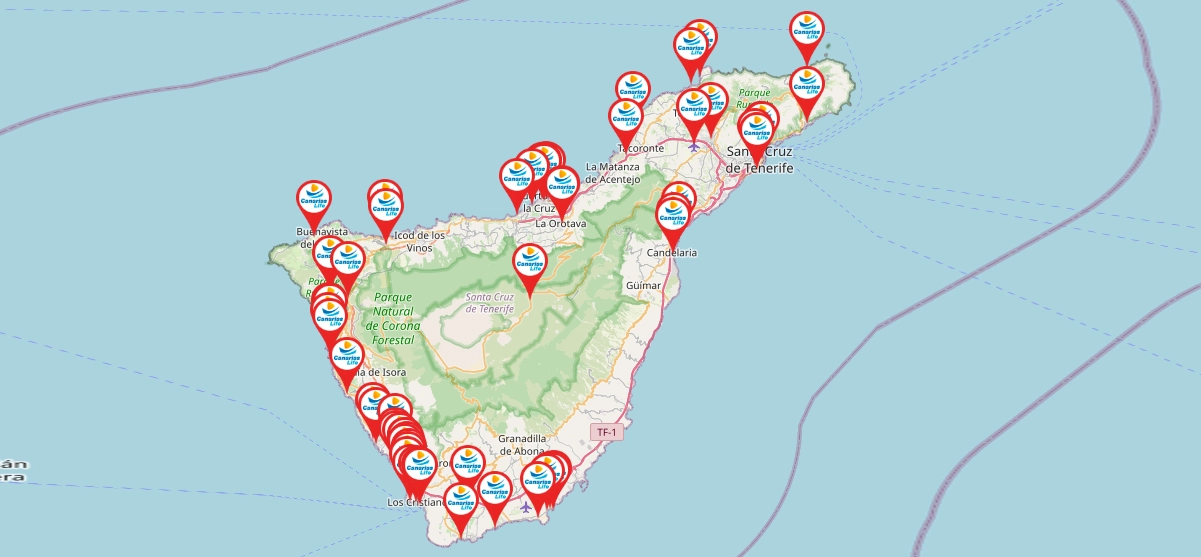 Mapa esquemático de la isla de Tenerife (Islas Canarias, España) que muestra la ubicación de diversas cámaras web. Aparecen etiquetados los principales lugares y puntos de interés con webcams, incluyendo "Puerto de la Cruz", "La Matanza de Acentejo", "Santa Cruz de Tenerife", "El Médano", "Granadilla", "Arona", "Parque Nacional del Teide" y "Parque Nacional de Corona Forestal". También se señalan otras localidades como "San Miguel", "Guía de Isora", "La Guancha" y "Icod de los Vinos". El mapa tiene un estilo simple con líneas que representan las carreteras principales sobre la silueta de la isla.