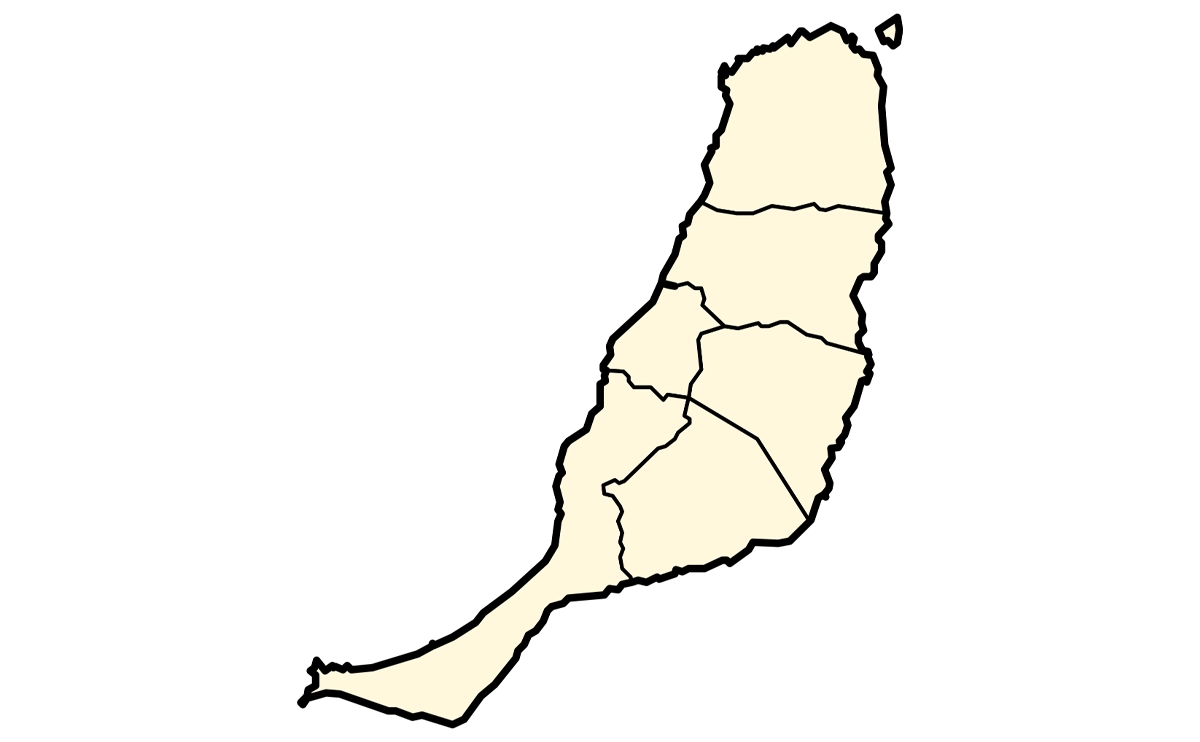"Silueta en color amarillo de la isla de Fuerteventura, parte del archipiélago de las Islas Canarias. En el centro de la imagen, la palabra 'mapa' está escrita en letras negras. La imagen representa un esquema simplificado de la geografía de la isla."