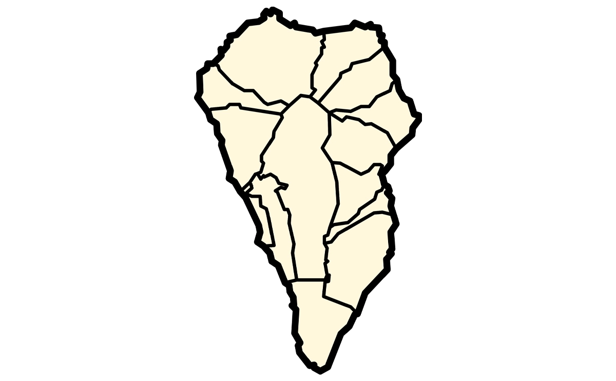 "Silueta en color amarillo de la isla de La Palma, parte del archipiélago de las Islas Canarias. En el centro de la imagen, la palabra 'mapa' está escrita en letras negras. La imagen representa un esquema simplificado de la geografía de la isla."