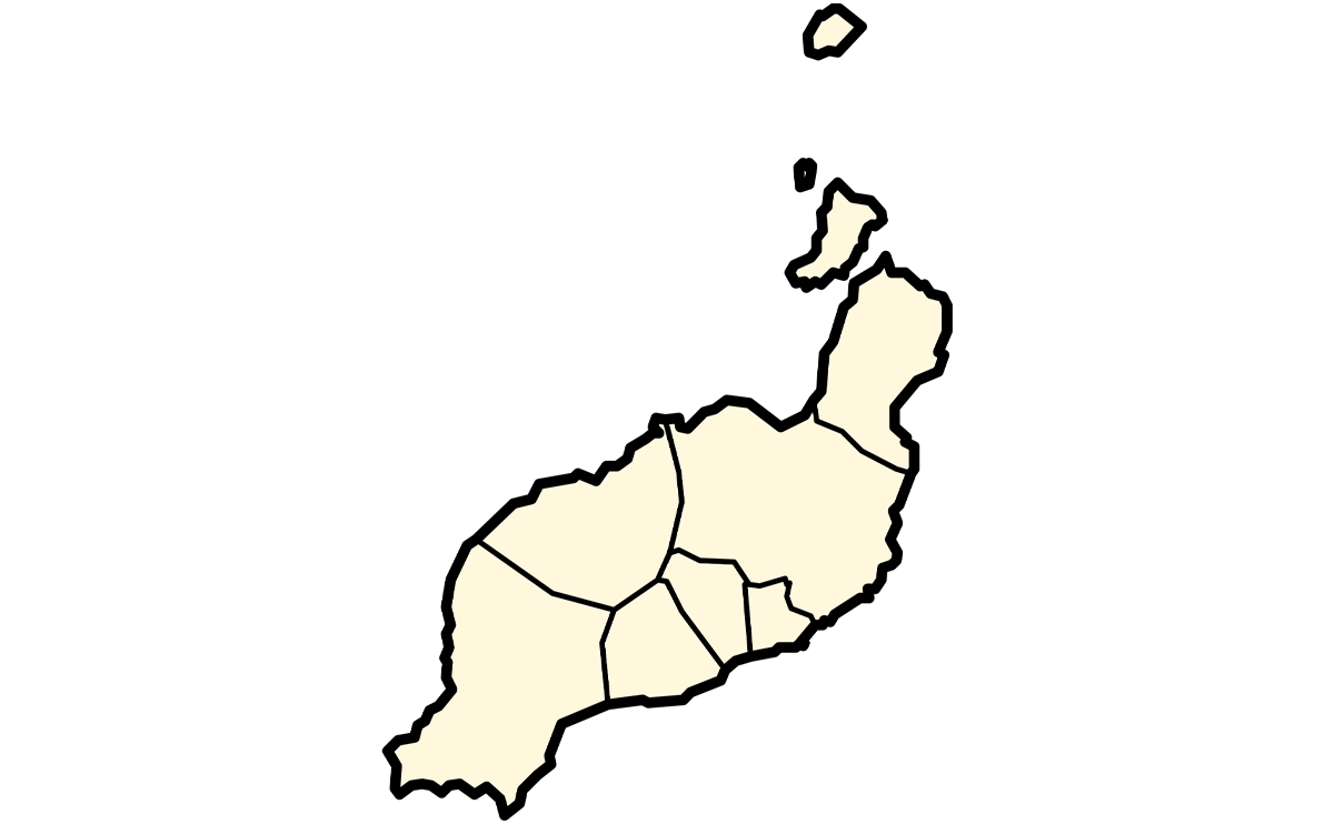 "Silueta en color amarillo de la isla de Lanzarote, parte del archipiélago de las Islas Canarias. En el centro de la imagen, la palabra 'mapa' está escrita en letras negras. La imagen representa un esquema simplificado de la geografía de la isla."
