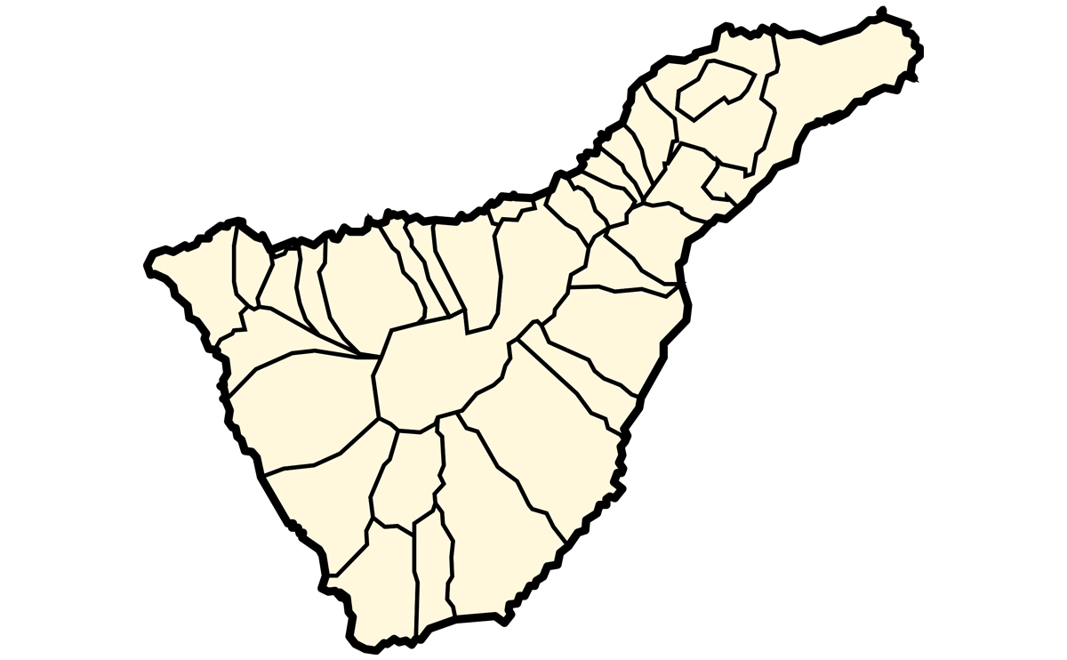 "Silueta en color amarillo de la isla de Tenerife, parte del archipiélago de las Islas Canarias. En el centro de la imagen, la palabra 'mapa' está escrita en letras negras. La imagen representa un esquema simplificado de la geografía de la isla."