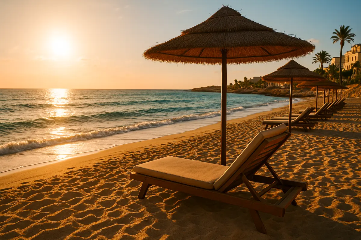 "Playa desierta con sombrillas y hamacas, sol naciente o puesta, mar cristalino y arena dorada."