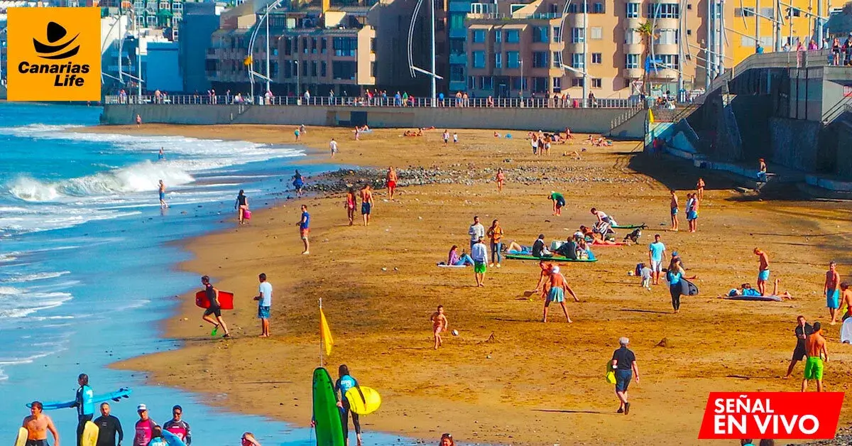Personas en playa de Canarias con webcams en vivo en CanariasLife.