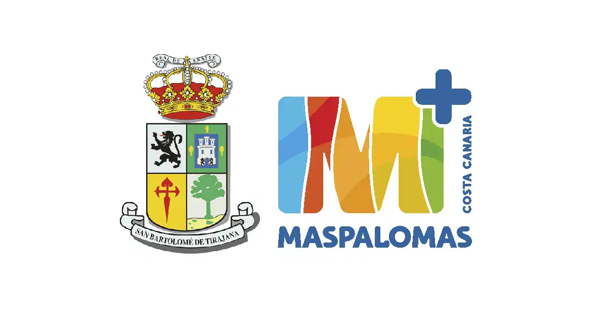 Logos de Maspalomas, Costa Canaria, con escudo de San Bartolomé de Tirajana, representando la historia y modernidad del municipio.