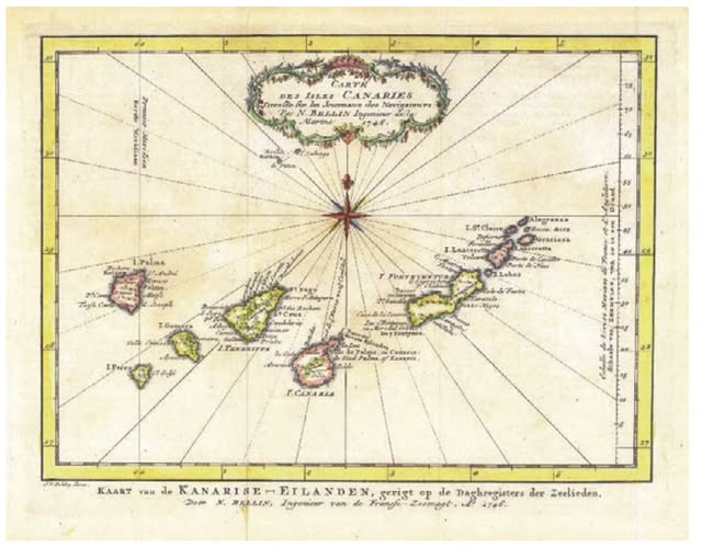 Mapa antiguo del archipiélago canario titulado “Carte des Isles Canaries”, con las islas representadas en colores suaves y rodeadas por líneas de rumbo que convergen en una rosa de los vientos central. Incluye nombres históricos de las islas y detalles cartográficos decorativos propios de la época, con un marco amarillo y una cartela ornamental en la parte superior.
