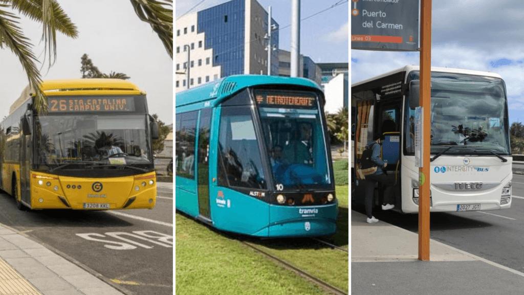 Tres medios de transporte público: autobús amarillo ruta 26, tranvía turquesa número 10, y autobús blanco interurbano en parada de Puerto del Carmen, Línea 03.