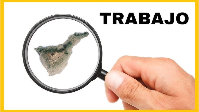 Lupa enfocando una isla con el texto 'TRABAJO' - concepto de búsqueda de empleo por ubicación geográfica