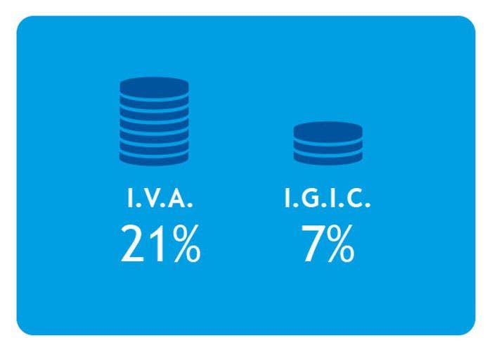 Ilustración con iconos de monedas que compara dos impuestos: I.V.A. al 21% y I.G.I.C. al 7%, sobre un fondo azul.
