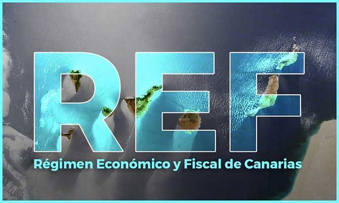 Imagen con las siglas “REF” sobre un fondo de vista aérea del mar y las Islas Canarias, acompañada del texto “Régimen Económico y Fiscal de Canarias”.
