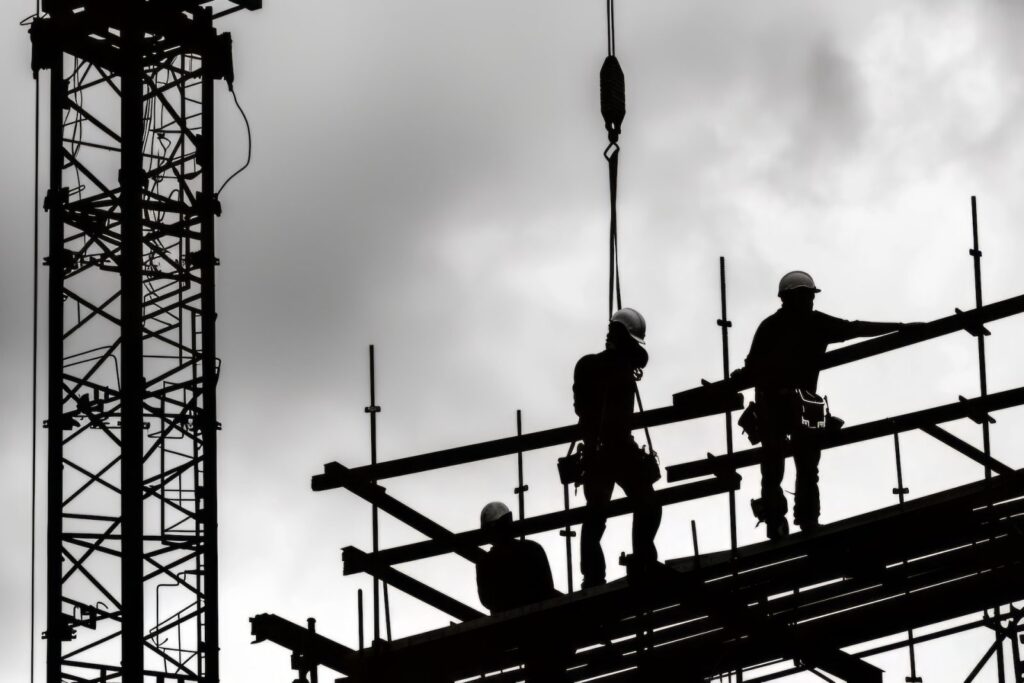 Silueta de varios trabajadores de la construcción con cascos sobre una estructura en obra, junto a una grúa, recortados contra un cielo nublado.

