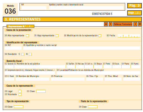 Captura de un formulario oficial del Modelo 036 de la Agencia Tributaria, correspondiente a la sección de representantes, con campos para datos personales, domicilio fiscal y tipo de representación.