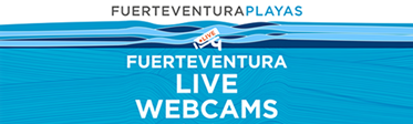 Banner promocional de “Fuerteventura Live Webcams” con fondo azul inspirado en el mar y las olas. En la parte superior aparece el texto “FuerteventuraPlayas”, y en el centro el logotipo de una cámara junto al texto “FUERTEVENTURA LIVE WEBCAMS” en letras blancas.