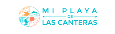Logotipo de “Mi Playa de Las Canteras” con un diseño circular dividido en cuatro secciones que representan el sol, el mar, las olas y la playa en tonos naranja y turquesa. A la derecha aparece el texto “MI PLAYA DE LAS CANTERAS” en letras turquesa.
