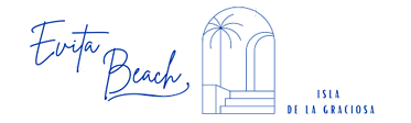 Logo de Evita Beach con tipografía cursiva azul y dibujo lineal de un arco con palmeras y escalones. Texto "ISLA DE LA GRACIOSA" en la parte inferior derecha.