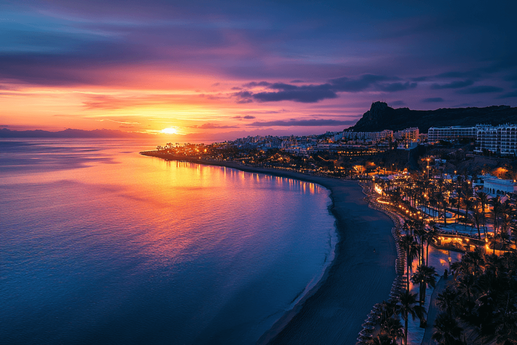 Atardecer en la Playa de San Agustín con el paseo marítimo y las dunas al fondo, San Bartolomé de Tirajana