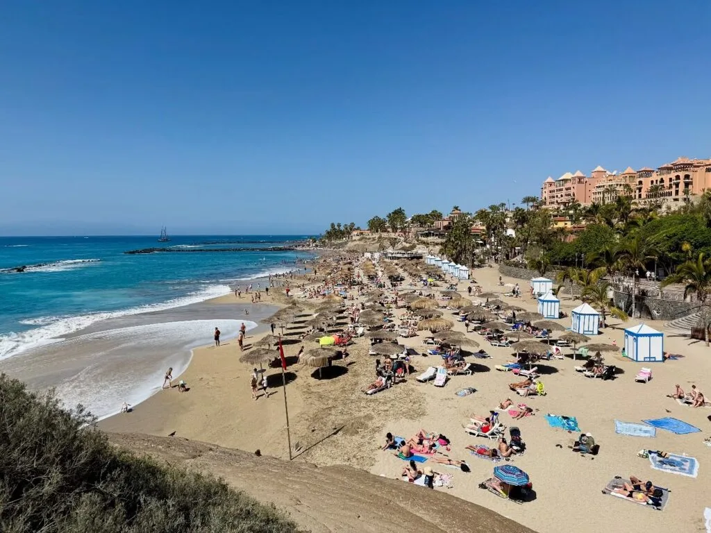 Playa del Duque Costa Adeje con aguas turquesas y arena dorada en el sur de Tenerife