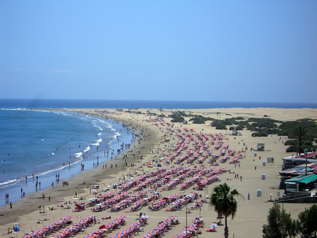 Playa del Inglés con arena dorada y oleaje atlántico, San Bartolomé de Tirajana, Gran Canaria