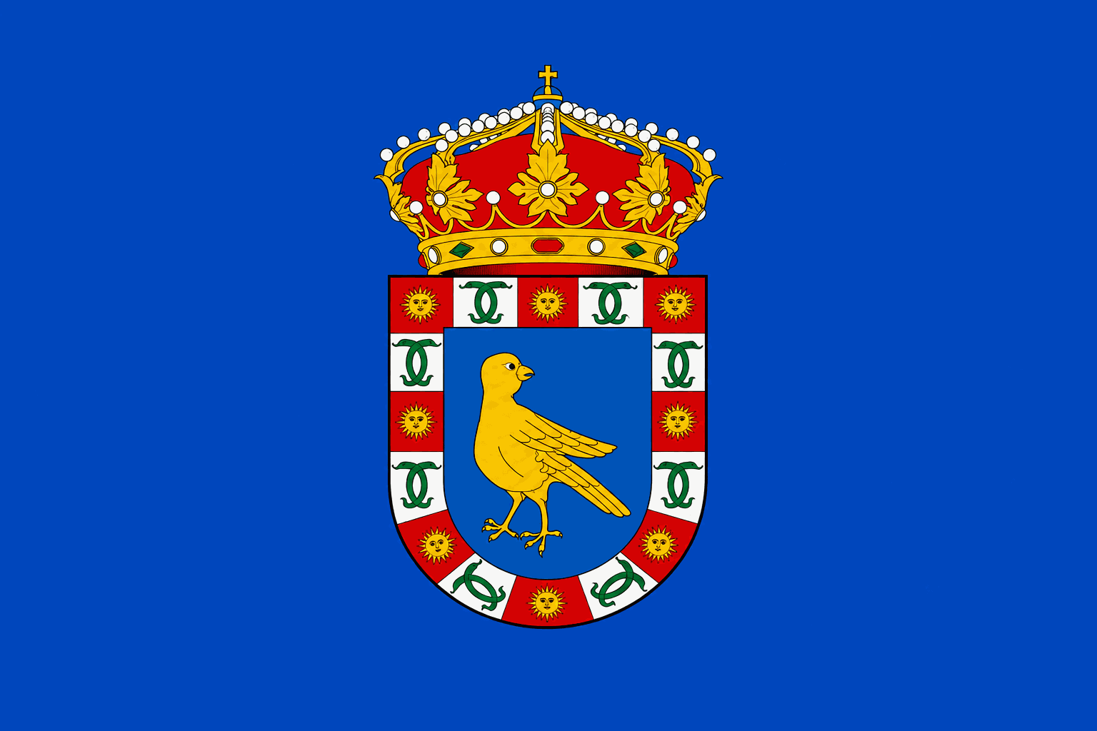 Bandera de Pájara, Fuerteventura: escudo con un canario amarillo sobre azul y bordura de soles