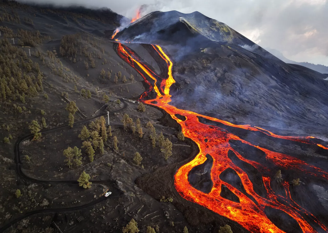 El Paso La Palma, Volcán Tajogaite con coladas de lava de la erupción de 2021
