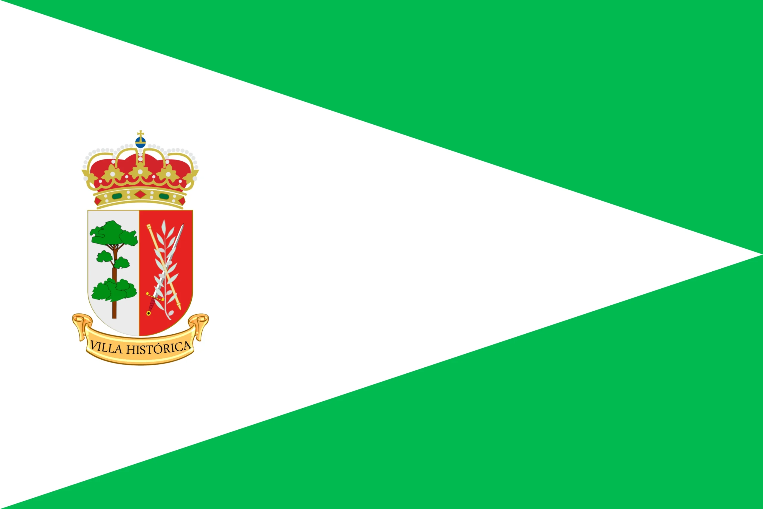 Bandera de La Victoria de Acentejo, Tenerife, con franjas verdes y un triángulo blanco central que contiene el escudo municipal coronado.