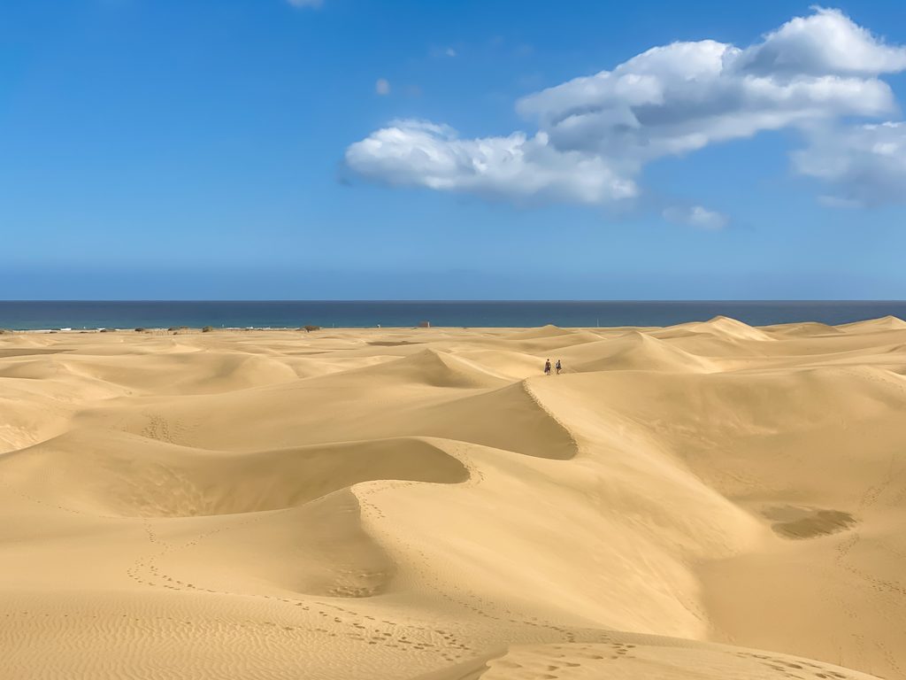 Vista panorámica de las Dunas de Maspalomas desde Playa del Inglés con el Atlántico al fondo en Gran Canaria